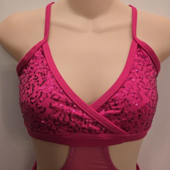 WEISSMAN sequin criss-cross dance leotard bright pink fringe skirt costume Sz Sm - Picture 3 of 8